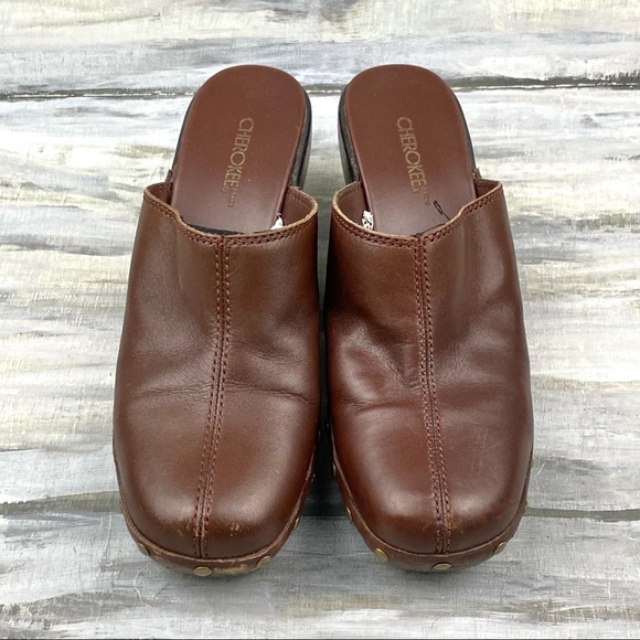 Brown Leather Clogs Cherokee “Blanche” Y2K Chunky Studded Slip-On Mules 6M - Picture 5 of 15